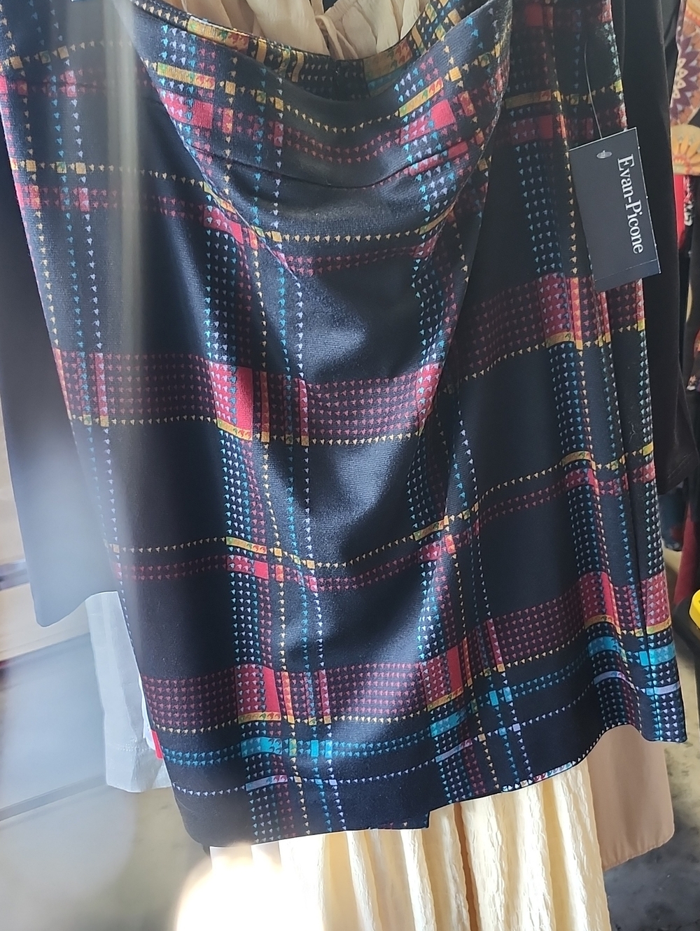 Evan Picone Black Plaid Skirt with Red, Blue and Yellow Accents